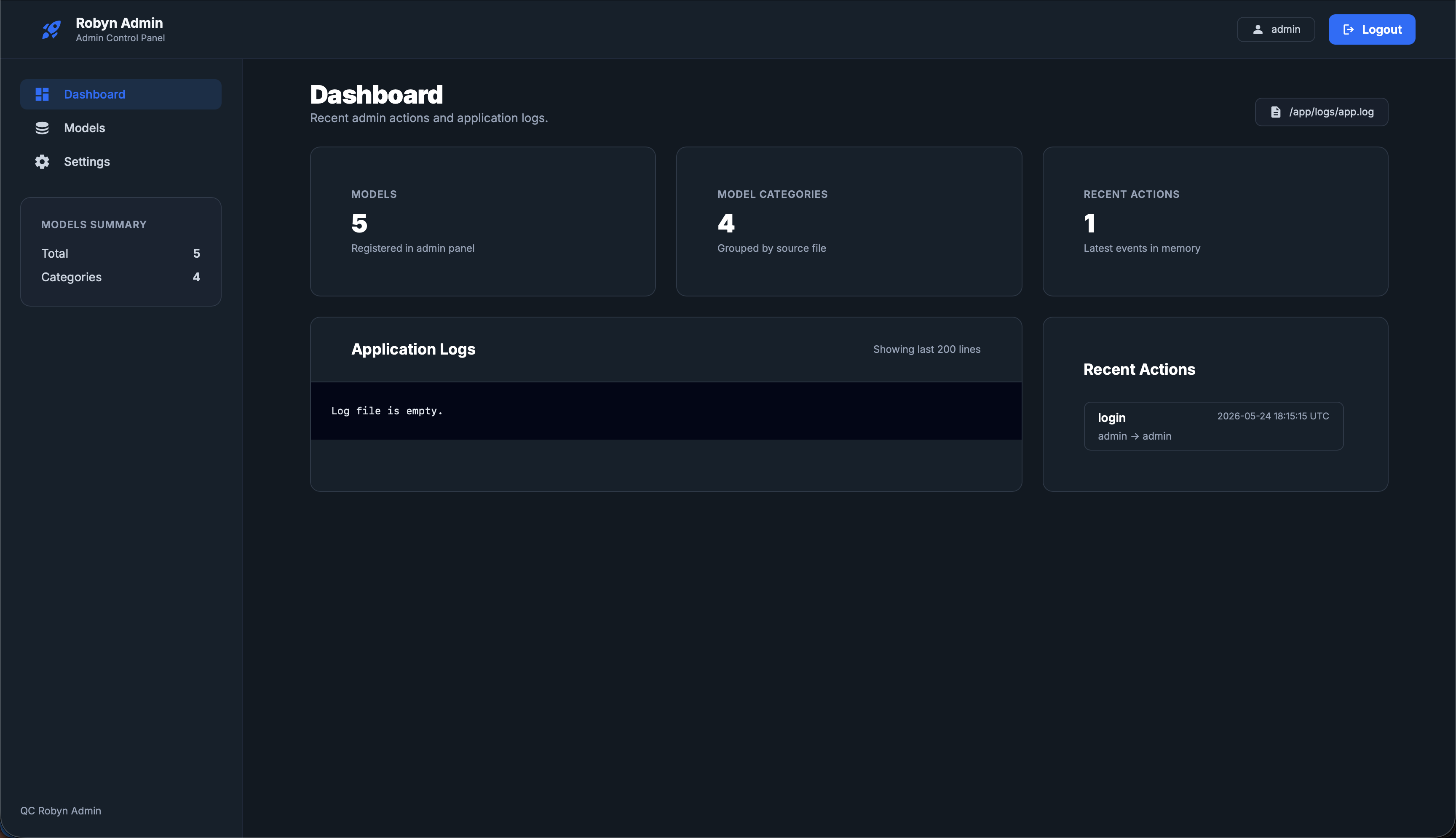 Robyn Config admin home dashboard