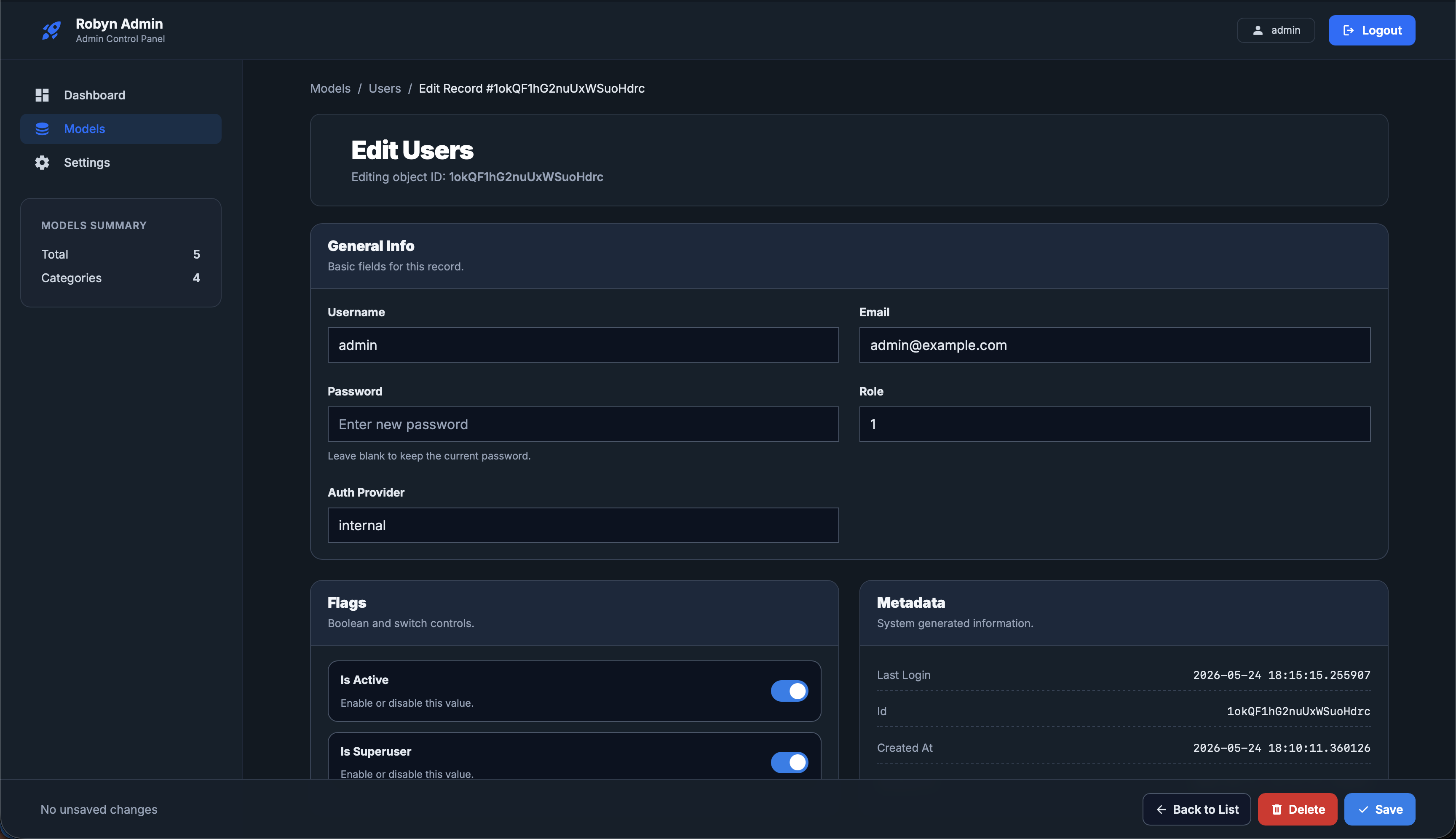 Robyn Config admin model editor